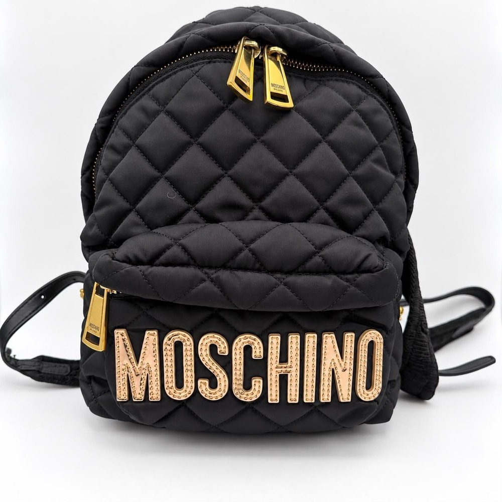 Moschino Quilted Nylon Backpack Women Black Gold Logo Lettering Mini Bag